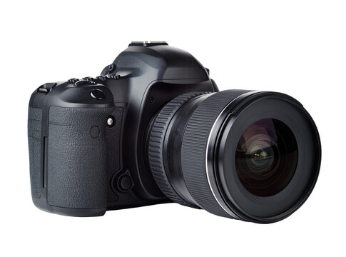 Isolated modern black professional camera with an attached lens, essential photography equipment