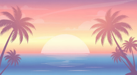 Obraz premium Silhouette of palm trees against a beautiful sunset sky.