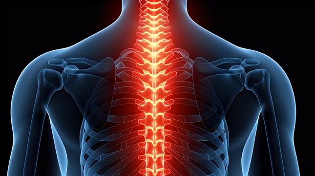 Medical visualization highlighting intense inflammation and pain along the human thoracic and cervical spinal column structure against a dark background.