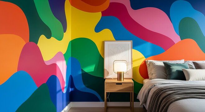 Colorful abstract mural wall in bedroom with bed and nightstand