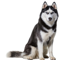 Isolated beautiful Siberian Husky with black and white fur and striking blue eyes, sitting calmly. © Oisin