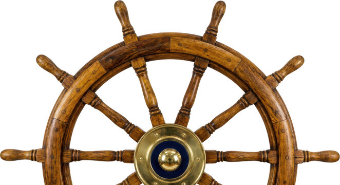A polished wooden ship's steering wheel with brass and blue accents showcasing a classic maritime design with detailed craftsmanship and rustic texture boat nautical helm
