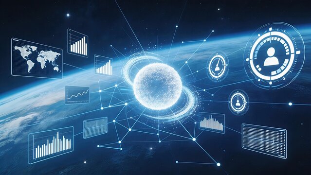 Futuristic holographic interface displaying global data analytics business charts and network connections over planet earth representing advanced technology digital transformation