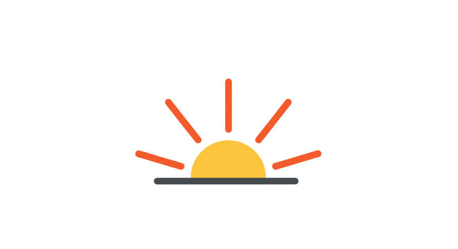 Minimalist graphic of a rising sun with orange rays against a white backdrop.