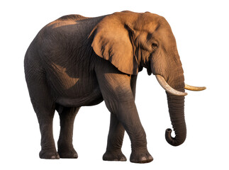 Fototapeta premium Isolated majestic African bush elephant walking, impressive large mammal with powerful tusks and trunk
