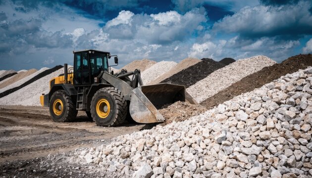 Medium shot of a wheel loader scooping mixed limestone and clay from neatly arranged windrows in a raw material blending yard under a cloudy sky.
