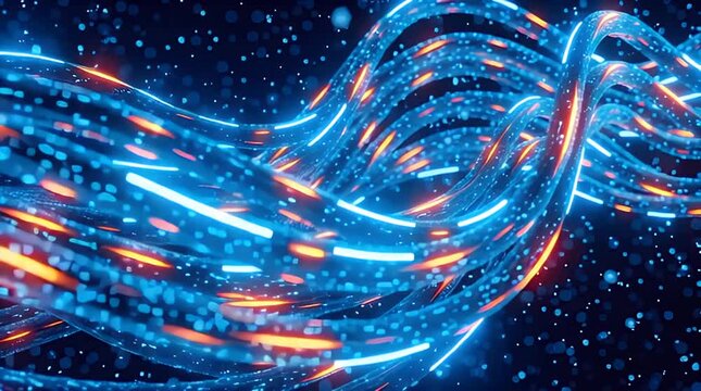 Abstract visualization of interwoven fiber optic cables transmitting glowing data streams through a dark digital network background.