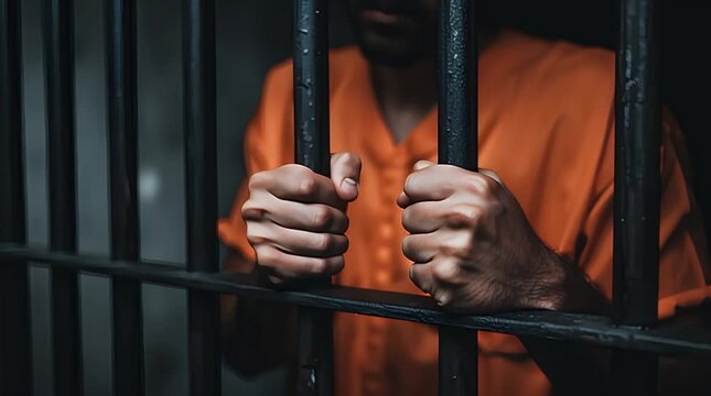 A person incarcerated wearing a bright orange uniform gripping tightly onto dark metal prison bars, symbolizing confinement, injustice, and the desire for freedom within a correctional facility.