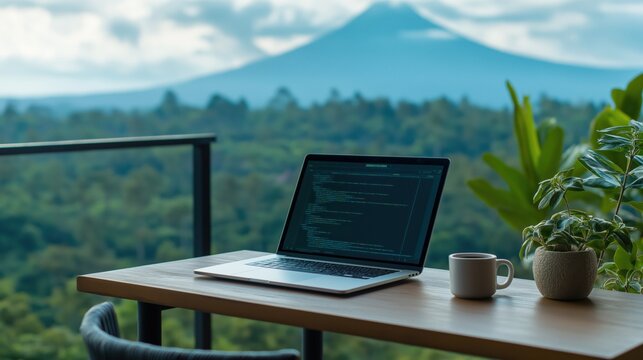 Laptop displaying code on a balcony table with coffee and plants, foregrounding mountain and forest scenery for remote work