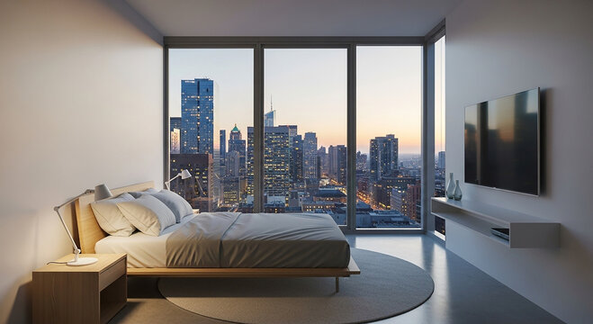 Modern Bedroom with City View and Flat Screen T V skyscrapers sunset large windows