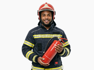 Fototapeta premium Smiling male firefighter holding a red fire extinguisher isolated on a white background. Happy African American fireman in uniform and helmet. International Firefighter Day