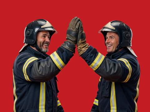 Two firefighters giving a high five on a red background. Smiling male first responders in uniform celebrating teamwork and success. International Firefighters Day concept