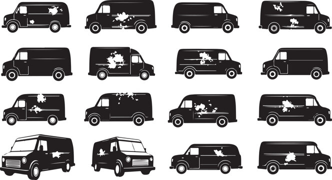 Silhouette of people getting in and out vans