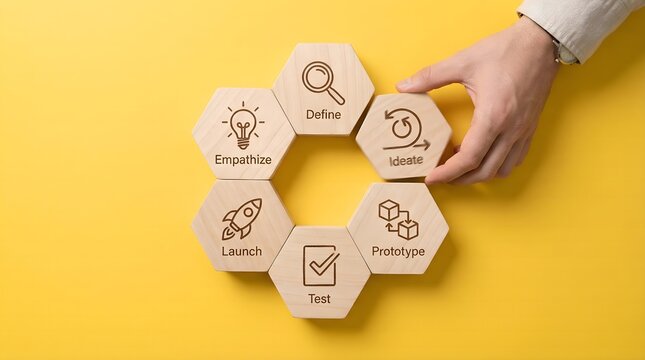 Person placing a wooden hexagonal tile representing the ideate stage of the design thinking process on a vibrant yellow studio background surface