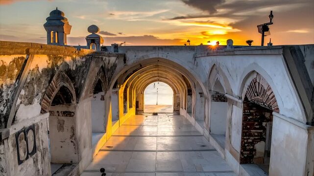 Architectural image of an arched walkway with brickwork detailing against a sunset sky