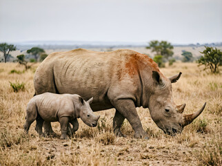 Fototapeta premium White Rhinoceros Mother and Baby Calf Walking on African Savanna