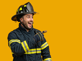 Obraz premium Excited male firefighter pointing at copy space on yellow background. Happy Caucasian man in uniform and helmet gesturing right. International Firefighters' Day concept