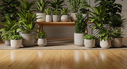 Fototapeta premium Indoor plants in white and gray patterned pots on wooden floor potted plants white pots