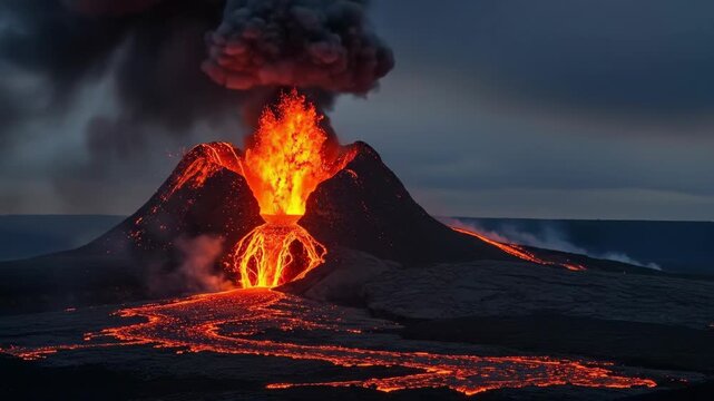Dramatic Volcano Erupting at Night with Flowing Lava and Smoke.