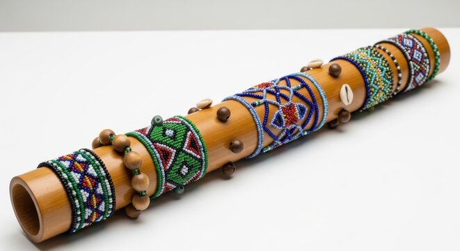 Decorative bamboo rainstick instrument features intricate colorful beadwork and small natural shells.