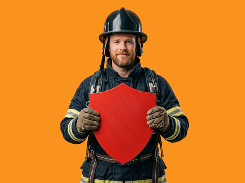 Confident male firefighter holding a blank red shield on an orange background. Caucasian fireman in uniform and helmet. Protection and safety concept for International Firefighters' Day