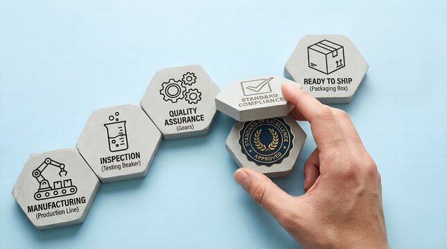 Illustrating a detailed manufacturing and quality control process with hexagonal concrete tiles, emphasizing standard compliance and achieving approved excellence.