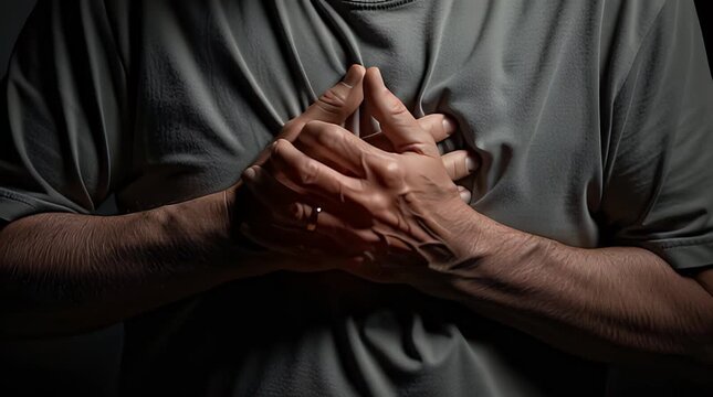 Close up of an older man clutching his chest indicating severe pain potentially signaling a serious heart attack or acute medical emergency.