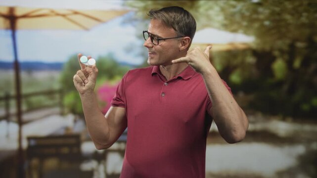 Man holding contact lens case between thumb and forefinger, call gesture with other hand to ear, wearing glasses and red polo while smiling in studio set with umbrella backdrop; helpful.