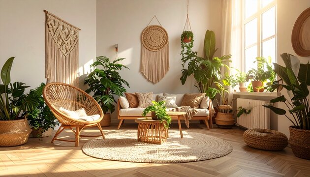 観葉植物とラタン家具に囲まれたウォームトーンのボヘミアン風リビング