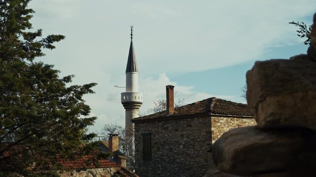 Nostalgic Scene Of Mosque Minaret In Domatia Soke District