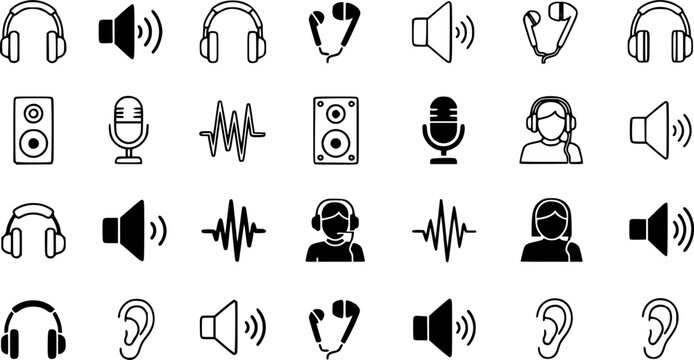 Listening icon Collection for mobile and web apps. Editable stroke line and glyph icons.
