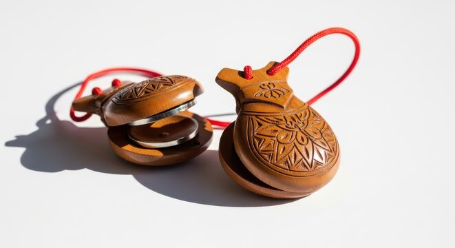 Traditional wooden castanets with intricate carvings rest on a clean white surface.