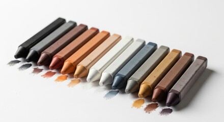 Obraz premium Colorful wax crayons are arranged in a neat row against a clean white background.