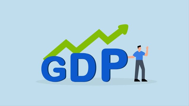 GDP Gross domestic product, 4k animation of Businessman is seen standing next to GDP sign and rising graph and chart.