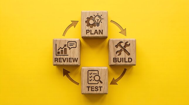 Wooden blocks representing a business development cycle with icons for planning building testing and reviewing progress on a vibrant yellow studio background
