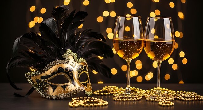 Sophisticated venetian mask with golden feathers and glasses of champagne for a festive new years eve