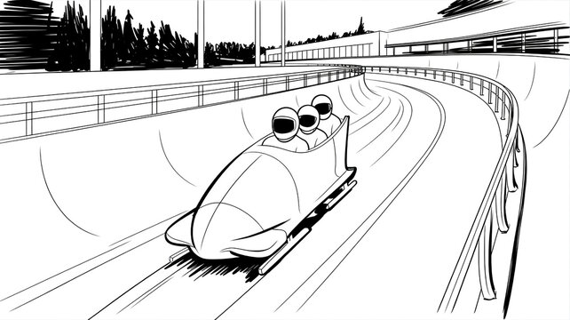 A black and white sketch-style illustration of a bobsleigh on an indoor track