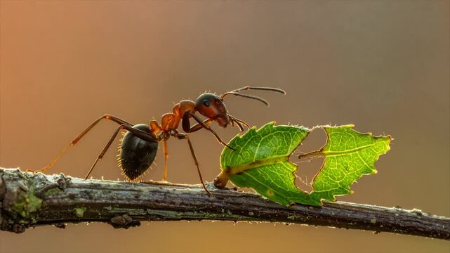 A close-up of an ant carrying a leaf on a twig with a soft, blurred background