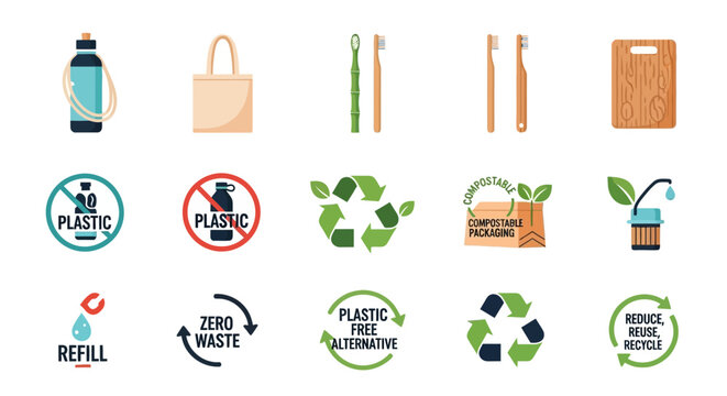Eco friendly and zero waste products with recycle symbols.