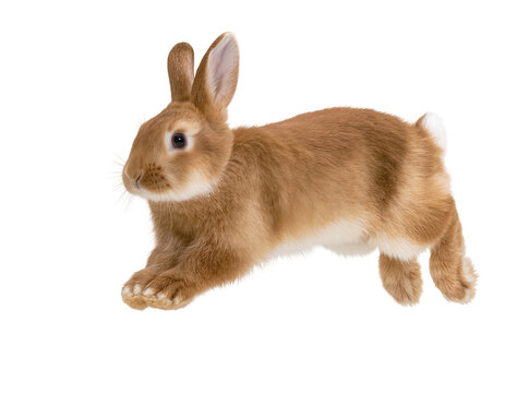 Isolated cute domestic rabbit running, full body, light brown fur, energetic and playful