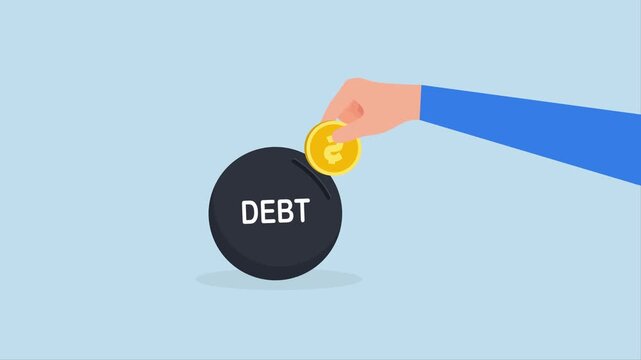 Pay off debt, 4k animation of businessman hand put dollar coin money into debt bomb