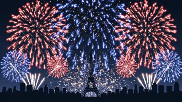 Spectacular Bastille Day fireworks illuminate the Paris skyline with the Eiffel Tower silhouette at night
