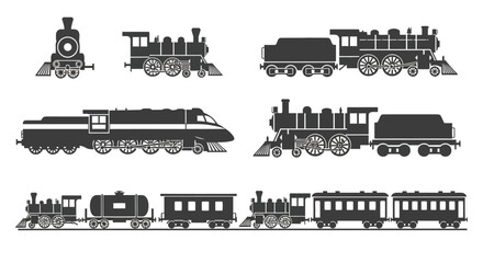 Obraz premium Vintage steam train silhouette collection, antique locomotive engine vector set, classic railway transportation icons for logistics and travel design