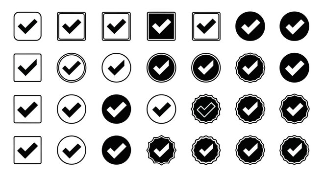 Minimalist check mark icon set, black and white validation symbols in square and circle frames, 28 vector elements for UI design and business checklists