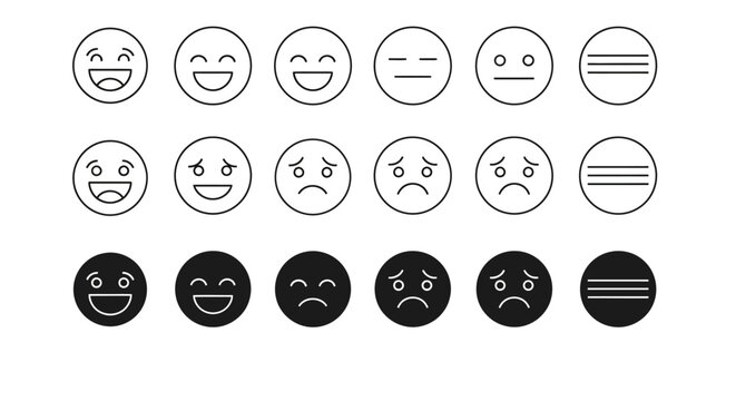 Minimalist emoji icon set, 18 linear and solid emoticons for customer feedback, black and white mood rating faces for survey interface design