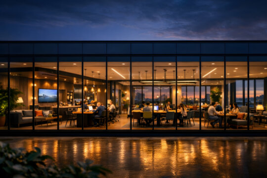 Modern office building with glass facade at dusk