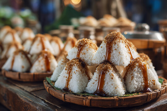 Fresh lopis cake with coconut sprinkles, consisting of triangular or cylindrical pieces of rice cake covered in white grated coconut and drizzled with brown sugar syrup.