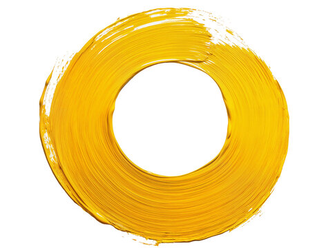 Isolated vibrant yellow paint stroke forming a textured ring or circular abstract art element
