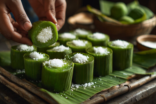 The fresh putu cake served is a small green cylindrical cake made from a bamboo mold with a sprinkling of white grated coconut on top.