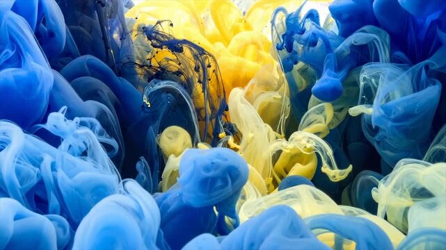 Abstract view of blue and yellow liquids mixing, resembling clouds or smoke